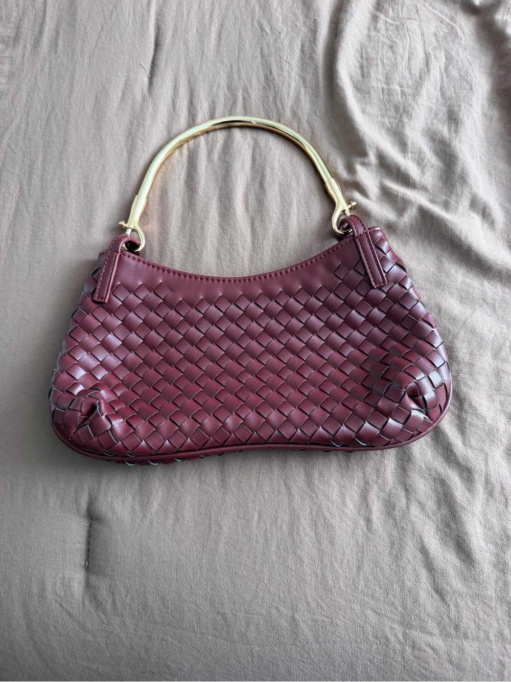 Fashion Nova Woven Shoulder Bag in Burgundy with Gold Handle